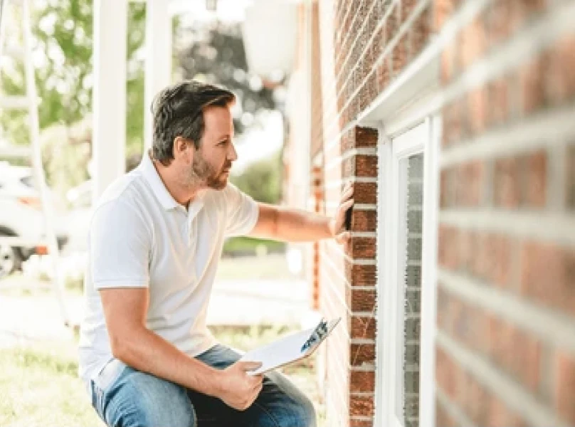 Home inspector examining brick exterior wall near window while holding inspection clipboard