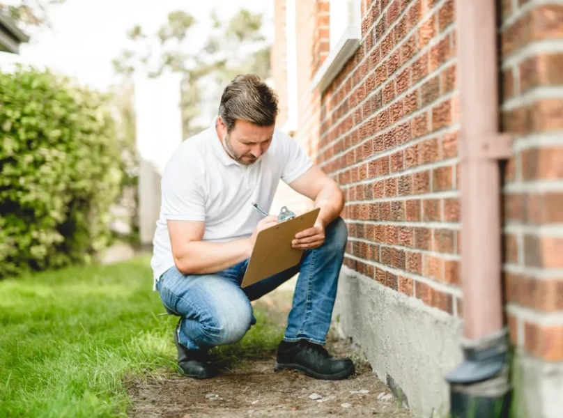 Home inspector kneeling beside brick house examining exterior foundation with clipboard