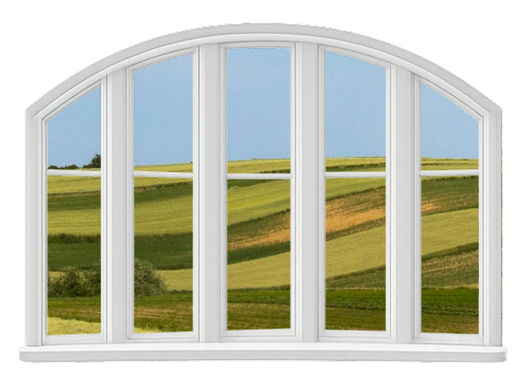 Curved radius window with multiple vertical panes, offering a wide, arched design that brings in natural light and frames an outdoor landscape view